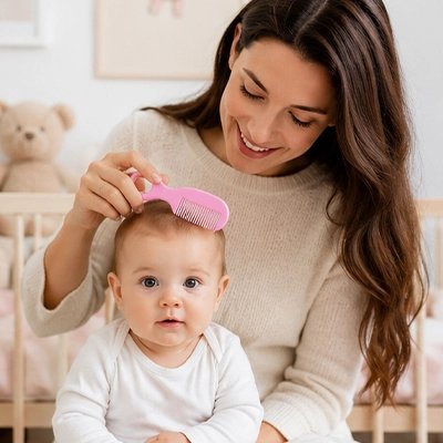 Brosse cheveux bebe rose doux sur la tête des touts petits