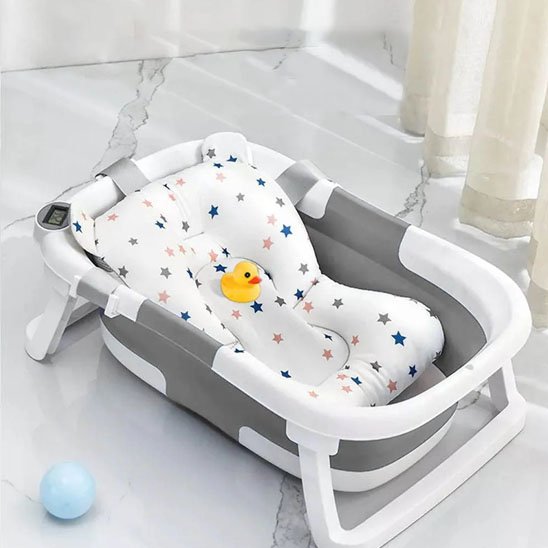 Baignoire bébé gris pliante thermosensible avec coussin