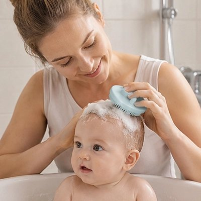 Brosse cheveux bebe bleu souple pour le bain 