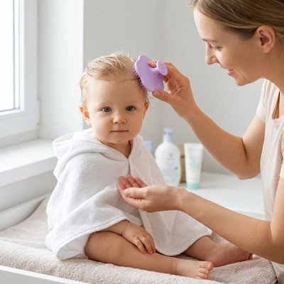 Brosse cheveux bebe douce violet idéale pour le bain 