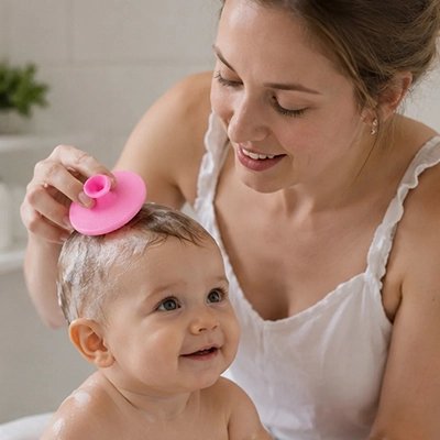 Brosse cheveux bebe rose en silicone souple 