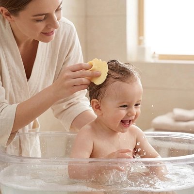 Brosse cheveux bebe souple dans les mains de maman 