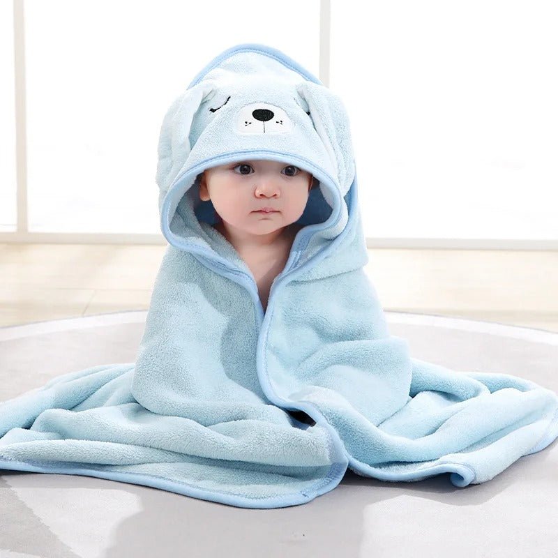 Cape de bain bébé en chien bleu