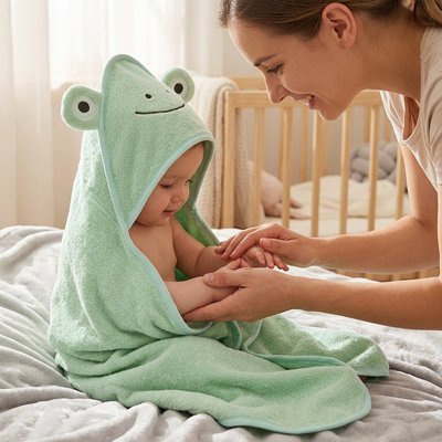 Cape de bain bébé douce en grenouille vert