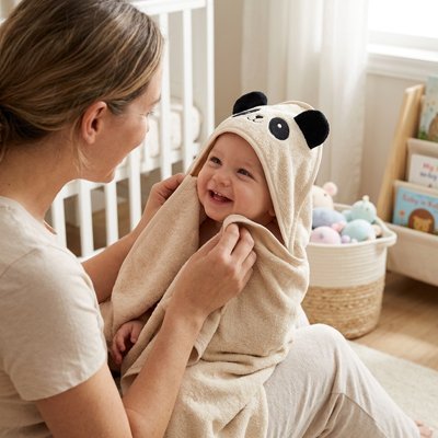 Cape de bain bébé panda et calin à maman