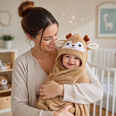 Cape de bain bébé trop doux en cerf beige caramel