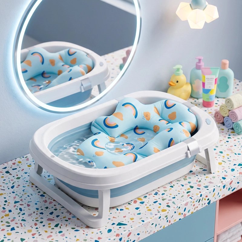 Coussin de bain bébé bleu adapté pour baignoire pliable 
