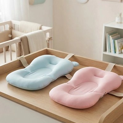 Coussin de bain bébé en mousse souple bleu et rose 