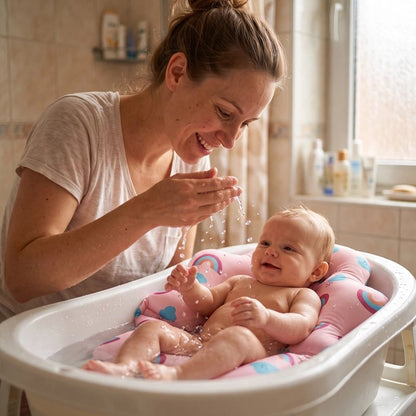 Coussin de bain bébé rose en position semi allongée 