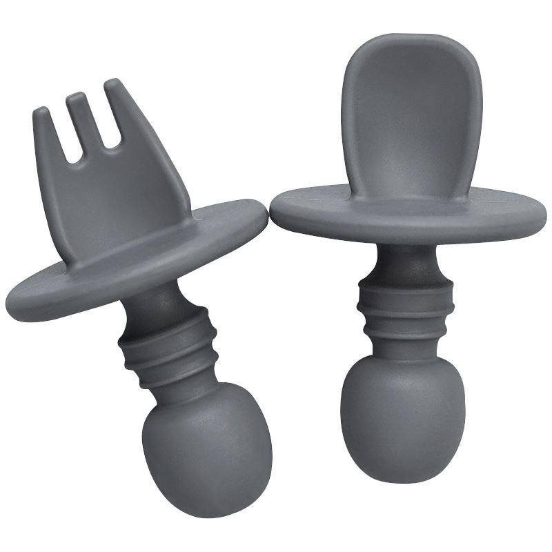 cuillère et fourchette pour bébé gris bien pour apprentissage