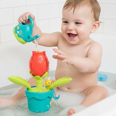 Jouet baignoire bebe arrosoir avec une fleur de tulipe orange 