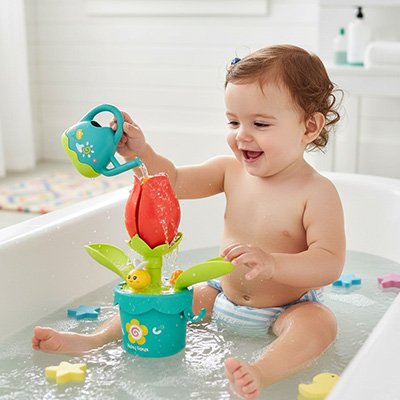 Jouet baignoire bebe en forme de tulipe et arrosoir bleu 