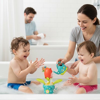 Jouet baignoire bebe en tulipe orange amusant entre frères