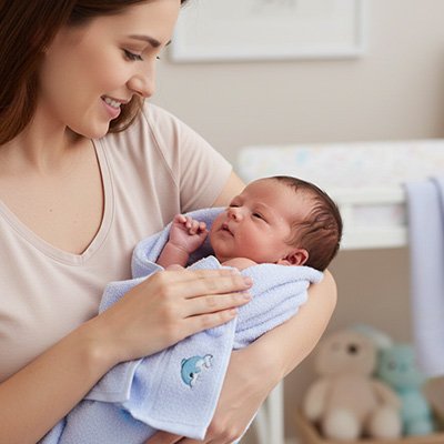 Serviette de bain bébé bleue entre les bras de maman