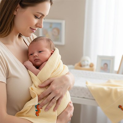 Serviette de bain bébé jaune avec dessin hippocampe