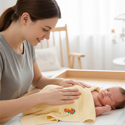 Serviette de bain bébé jaune brodée hippocampe 