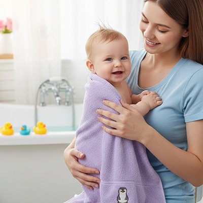 Serviette de bain bébé mauve brodée pingouin