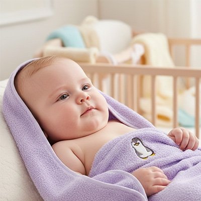 Serviette de bain bébé mauve douce avec dessin pingouin 