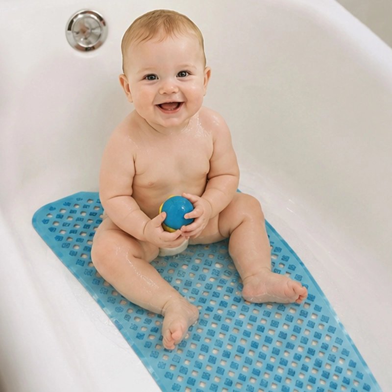 Tapis de bain bebe bleu extra long avec ventouse 