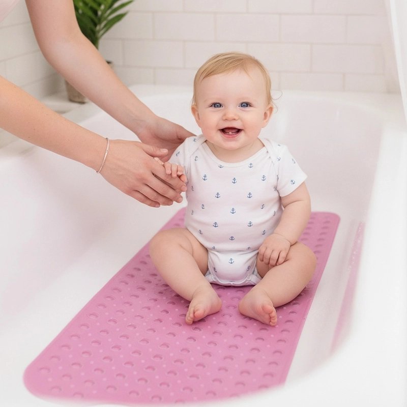 Tapis de bain bebe rose extra long avec ventouse 