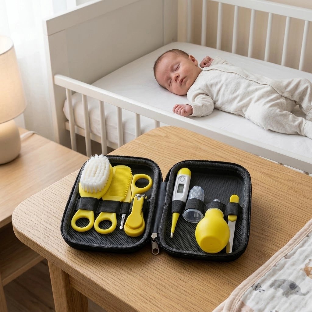 Trousse de soin bebe kit complet jaune dans la chambre 