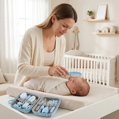Trousse de toilette bebe bleu compacte pratique à transporter