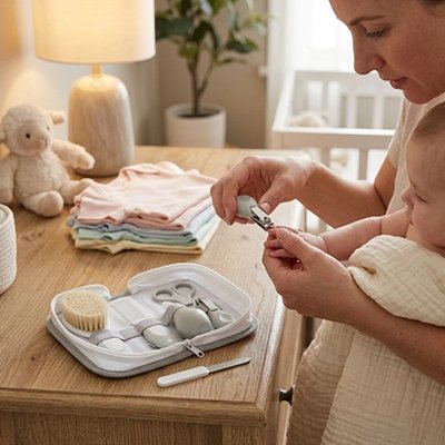 Trousse de toilette bebe gris clair avec tous les soins indispensables 